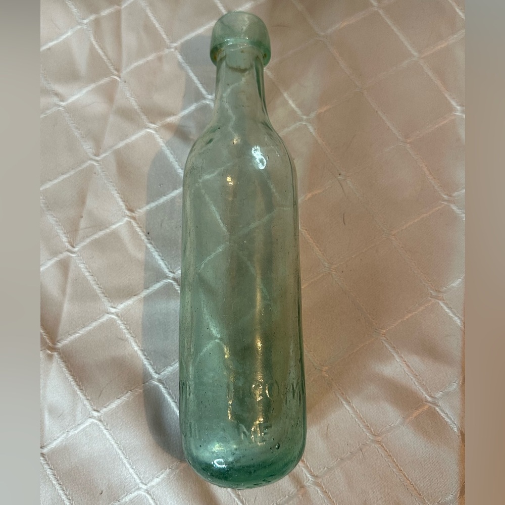 Antique 1800s Light Green Torpedo Bottle, 9” tall